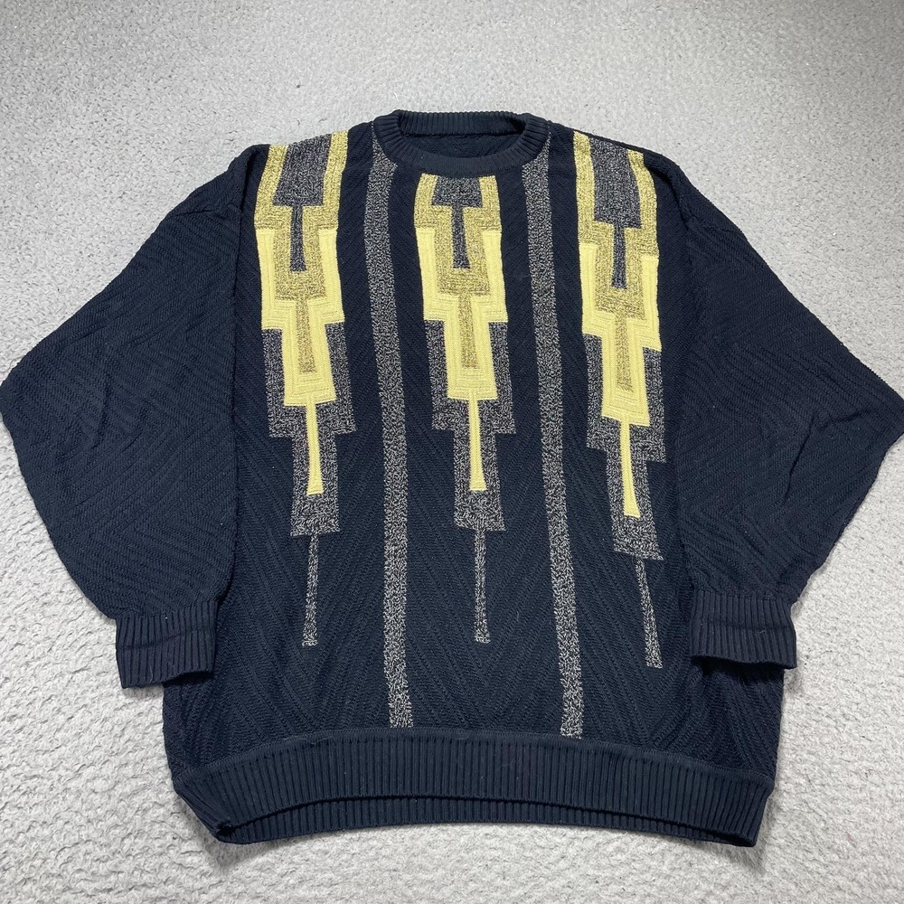 Sweater Mens Medium‎ Blue Yellow Geometric Knit Crewneck Pullover Abstract Retro
